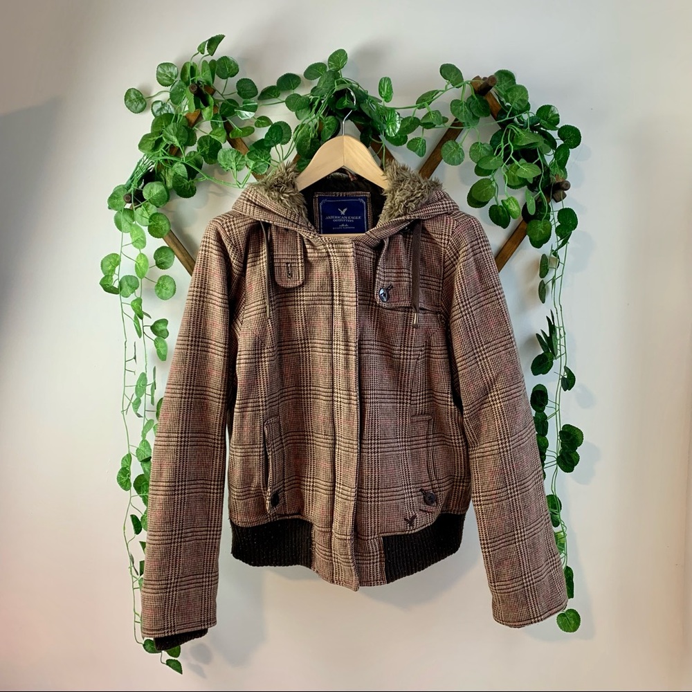 Y2K American Eagle AEO Plaid Wool Brown Insulated Hooded Sherpa Jacket, XL